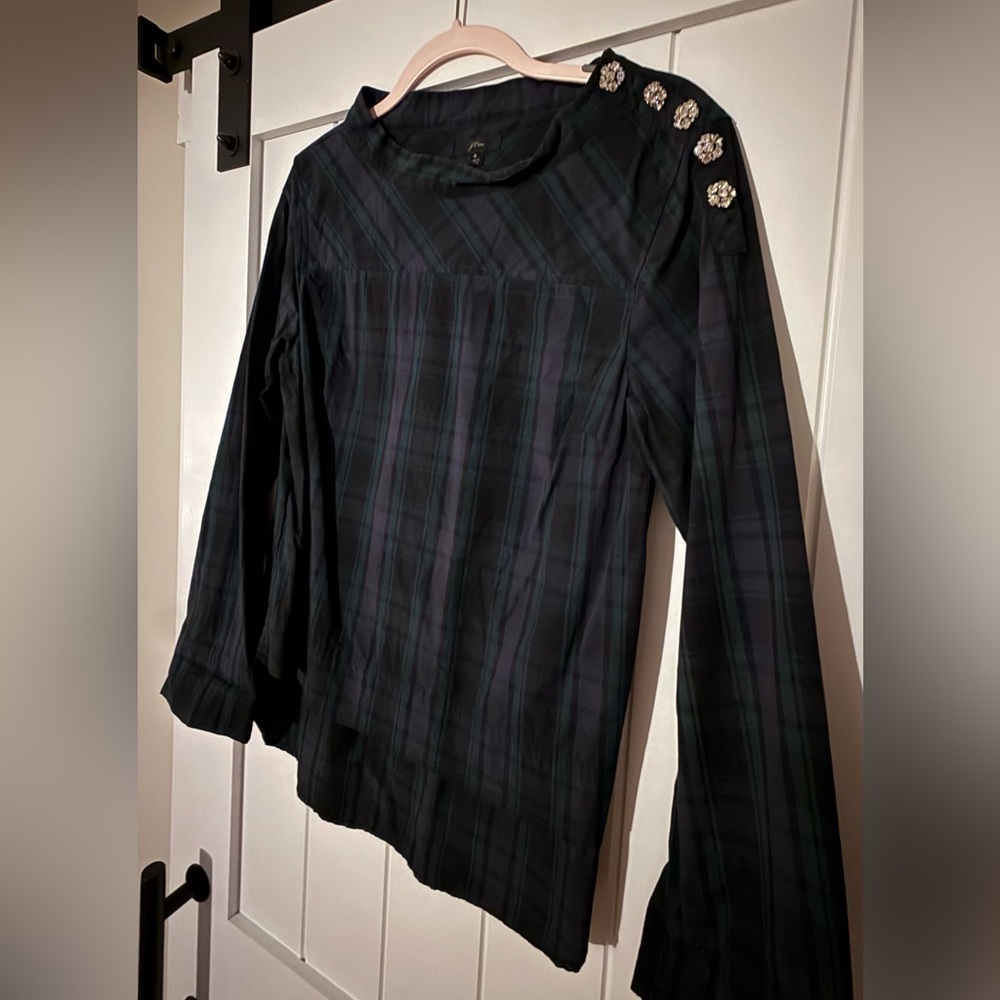 J. Crew Funnel Neck Tartan Plaid Jewel Top